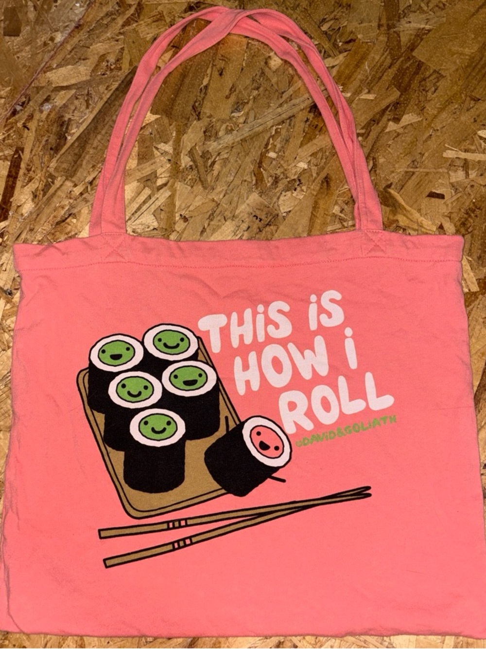 DAVID & GOLIATH Cotton Pink Graphic Tote Bag - "This Is How I Roll" Sushi Design